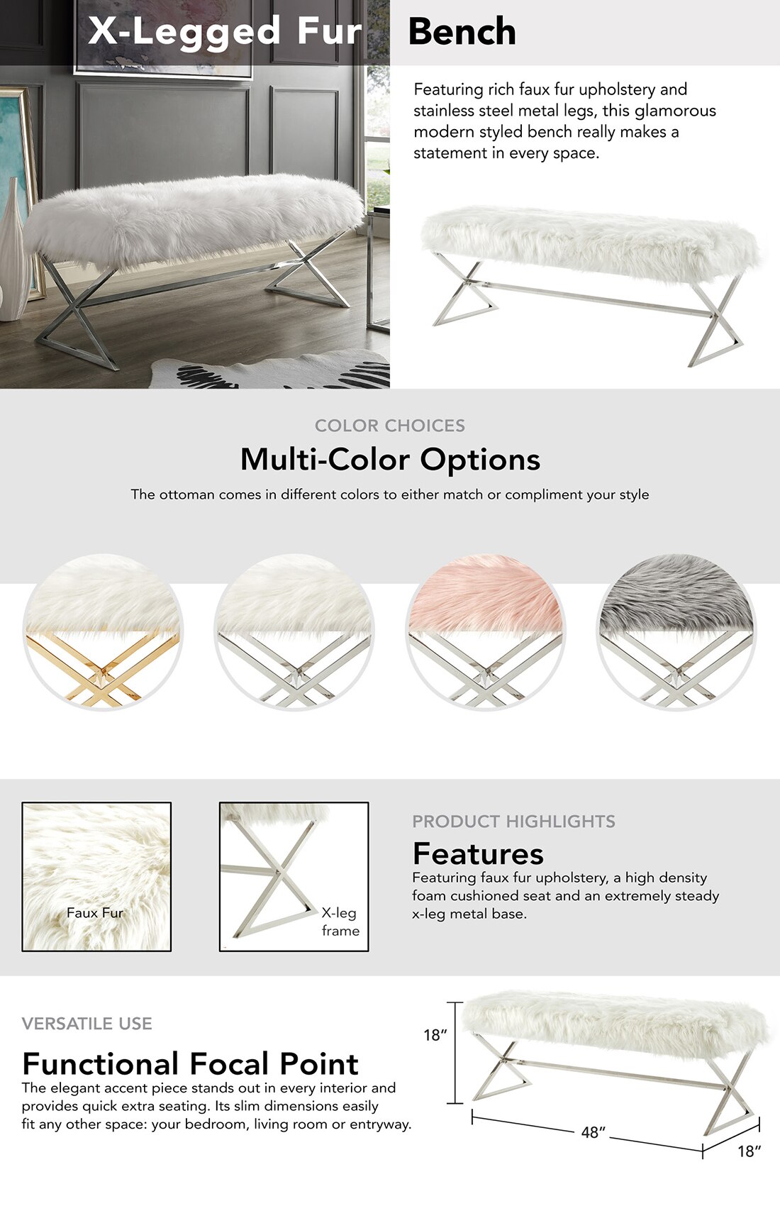 Inspired Home Elora White/Gold Faux Fur Bench 18 in.H x 18 in.W x 48 in